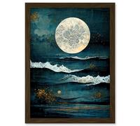 Artery8 Large Full Moon Seascape Golden Algae Wave Foam Artwork Framed Wall Art Print A4 in Brown Artery8 Brown