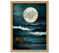 Artery8 Large Full Moon Seascape Golden Algae Wave Foam Artwork Framed Wall Art Print A4 in Light Oak Artery8 Light Oak