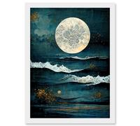 Artery8 Large Full Moon Seascape Golden Algae Wave Foam Artwork Framed Wall Art Print A4 in White Artery8 White