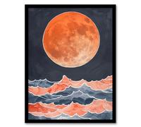 Artery8 Large Orange Full Moon Over Pink Blue Ocean Waves Living Room Artwork Framed Wall Art Print A4
