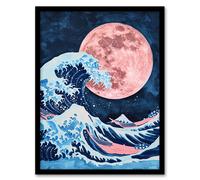 Large Pink Full Moon Great Wave Surreal Painting Framed Wall Art Artery8 Blue A4