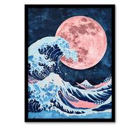 Large Pink Full Moon Great Wave Surreal Painting Framed Wall Art Artery8 Blue A4
