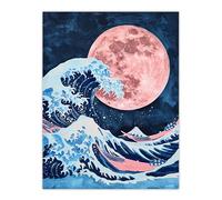 Large Pink Full Moon Great Wave Surreal Painting Wall Art Print Artery8 Blue W24 inch x H32 inch