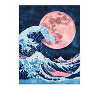 Artery8 Large Pink Full Moon Great Wave Surreal Painting Wall Art Print in Blue | Size: W12" x H16" Artery8 Blue W12" x H16"