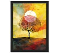 Artery8 Large Sun Setting Behind a Lonely Tree on a Hill Artwork Framed A3 Wall Art Print