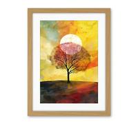 Artery8 Large Sun Setting Behind a Lonely Tree on a Hill Artwork Framed Wall Art Print 18X24 Inch
