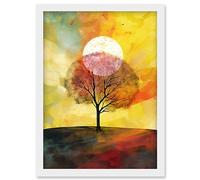 Artery8 Large Sun Setting Behind a Lonely Tree on a Hill Artwork Framed Wall Art Print A4