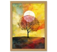 Artery8 Large Sun Setting Behind a Lonely Tree on a Hill Artwork Framed Wall Art Print A4