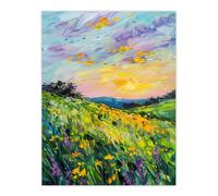 Artery8 Lavender Daffodil Meadow Sunset Oil Painting Wall Art Print in Green | Size: W24" x H32" Artery8 Green W24" x H32"