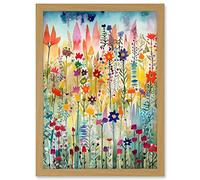 Artery8 Layered Spring Flower Field Folk Art Artwork Framed A3 Wall Art Print
