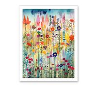 Artery8 Layered Spring Flower Field Folk Art Artwork Framed Wall Art Print 18X24 Inch