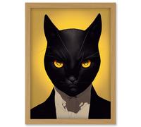 Artery8 Le Chat Noir Black Cat Tuxedo Yellow Portrait Artwork Framed Wall Art Print A4 in Light Oak Artery8 Light Oak