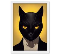 Artery8 Le Chat Noir Black Cat Tuxedo Yellow Portrait Artwork Framed Wall Art Print A4 in White Artery8 White
