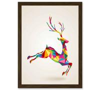 Leaping Running Deer Polygon A4 Artwork Framed Wall Art Print Artery8 Brown One Size