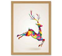 Leaping Running Deer Polygon A4 Artwork Framed Wall Art Print Artery8 Light Oak One Size
