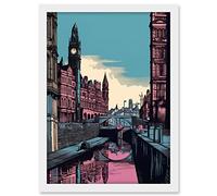 Artery8 Leeds Canal Cityscape Pink and Teal Illustration Artwork Framed A3 Wall Art Print