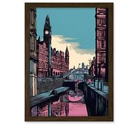 Artery8 Leeds Canal Cityscape Pink and Teal Illustration Artwork Framed A3 Wall Art Print