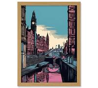 Artery8 Leeds Canal Cityscape Pink and Teal Illustration Artwork Framed A3 Wall Art Print