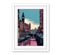 Artery8 Leeds Canal Cityscape Pink and Teal Illustration Artwork Framed Wall Art Print 18X24 Inch