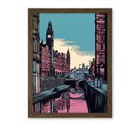 Artery8 Leeds Canal Cityscape Pink and Teal Illustration Artwork Framed Wall Art Print 18X24 Inch