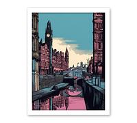 Artery8 Leeds Canal Cityscape Pink and Teal Illustration Artwork Framed Wall Art Print 18X24 Inch