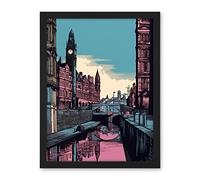 Artery8 Leeds Canal Cityscape Pink and Teal Illustration Artwork Framed Wall Art Print 18X24 Inch