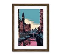 Artery8 Leeds Canal Cityscape Pink and Teal Illustration Artwork Framed Wall Art Print 18X24 Inch
