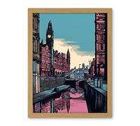 Artery8 Leeds Canal Cityscape Pink and Teal Illustration Artwork Framed Wall Art Print 18X24 Inch