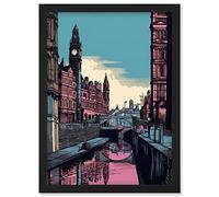 Artery8 Leeds Canal Cityscape Pink and Teal Illustration Artwork Framed Wall Art Print A4