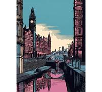 Artery8 Leeds Canal Cityscape Pink and Teal Illustration Extra Large XL Wall Art Poster Print