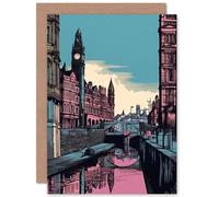 Artery8 Leeds Canal Cityscape Pink and Teal Illustration Travel Birthday Sealed Greeting Card Plus Envelope Blank inside