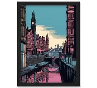 Artery8 Leeds Canal Cityscape Pink and Teal Illustration Artwork Framed Wall Art Print A4