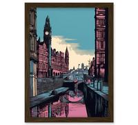 Artery8 Leeds Canal Cityscape Pink and Teal Illustration Artwork Framed Wall Art Print A4