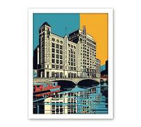 Artery8 Leeds City Waterfront Modern Linocut Illustration Artwork Framed Wall Art Print 18X24 Inch