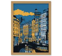 Artery8 Leeds Dock Cityscape Colour Block Illustration Artwork Framed Wall Art Print A4 in Light Oak Artery8 Light Oak