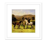 Artery8 Leighton Two Horses & Riders 1883 Painting 8X8 Inch Square Wooden Framed Wall Art Print Picture with Mount in White Artery8 White