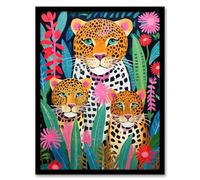 Artery8 Leopard Family Vibrant Oil Painting Orange Pink Green Floral Jungle Wildlife Kids Bedroom Artwork Framed Wall Art Print 18X24 Inch