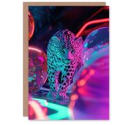 Artery8 Greeting Card Leopard and Neon Pink Blue Colour Party Balloons Blank For Him Or Her Art Birthday Card