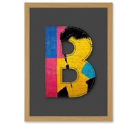 Artery8 Letter B Bright Abstract Face Yellow Decorative Graffiti Mural Alphabet Initial Stencil Artwork Framed Wall Art Print A4 in Light Oak Artery8 Light Oak