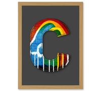 Artery8 Letter C Rainbow Red Yellow Blue Green Decorative Graffiti Mural Alphabet Initial Stencil Artwork Framed Wall Art Print A4 in Light Oak Artery8 Light Oak