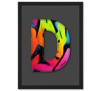 Artery8 Letter D Fluorescent Abstract Decorative Graffiti Mural Alphabet Initial Stencil Artwork Framed Wall Art Print A4 in Black Artery8 Black