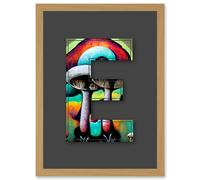 Artery8 Letter E Multicoloured Trippy Mushrooms Decorative Graffiti Mural Alphabet Initial Stencil Artwork Framed Wall Art Print A4 in Light Oak Artery8 Light Oak
