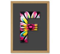 Artery8 Letter F Bright Flower Decorative Graffiti Mural Alphabet Initial Stencil Artwork Framed Wall Art Print A4 in Light Oak Artery8 Light Oak