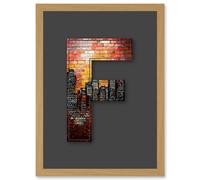 Artery8 Letter F New York Cityscape Orange Red Decorative Graffiti Mural Alphabet Initial Stencil Artwork Framed Wall Art Print A4 in Light Oak Artery8 Light Oak