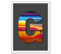 Artery8 Letter G Bright Abstract Landscape Decorative Graffiti Mural Alphabet Initial Stencil Artwork Framed Wall Art Print A4 in White Artery8 White