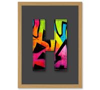 Artery8 Letter H Neon Tagging Decorative Graffiti Mural Alphabet Initial Stencil Artwork Framed Wall Art Print A4 in Light Oak Artery8 Light Oak