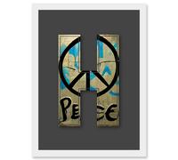Wee Blue Coo Letter H Peace Sign Beige Black Decorative Graffiti Mural Alphabet Initial Stencil Artwork Framed Wall Art Print A4