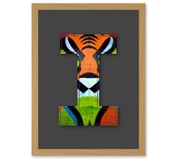 Artery8 Letter I Tiger Face Orange White Black Decorative Graffiti Mural Alphabet Initial Stencil Artwork Framed Wall Art Print A4 in Light Oak Artery8 Light Oak