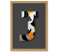 Artery8 Letter J Abstract Cat Decorative Graffiti Mural Alphabet Initial Stencil Artwork Framed Wall Art Print A4 in Light Oak Artery8 Light Oak
