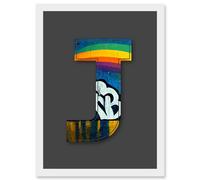 Artery8 Letter J Pride Rainbow Decorative Graffiti Mural Alphabet Initial Stencil Artwork Framed Wall Art Print A4 in White Artery8 White
